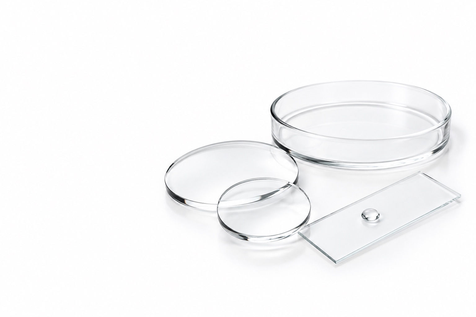 Verre optique et lame de laboratoire sur fond blanc