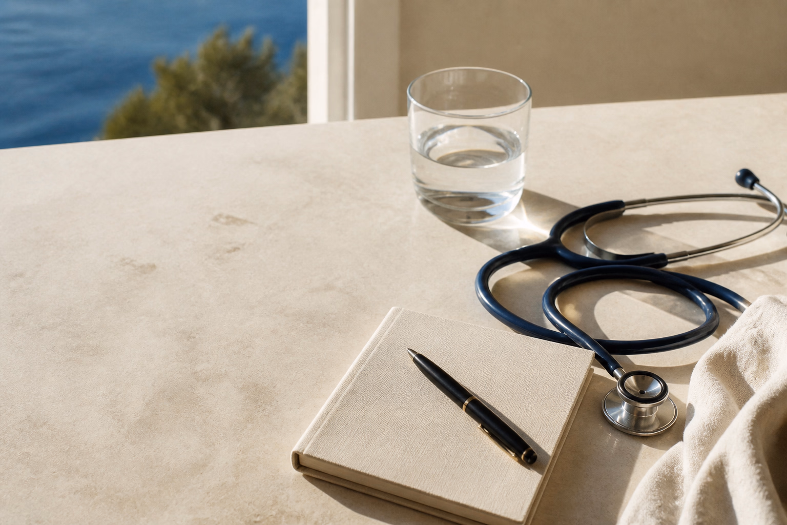 Stéthoscope, carnet et verre d’eau préparés pour un bilan